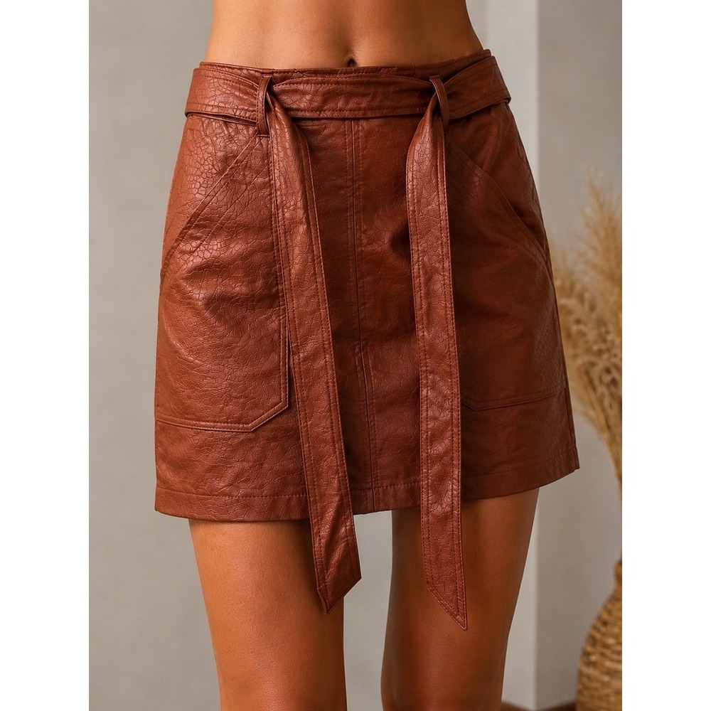 Shinestar Women's Brown Croc Embossed Faux Leather Mini Skirt Size M Belted